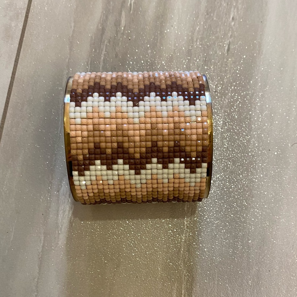Neutral Chevron Mosaic Gold Tone Chunky Cuff Beaded Bracelet Accessory